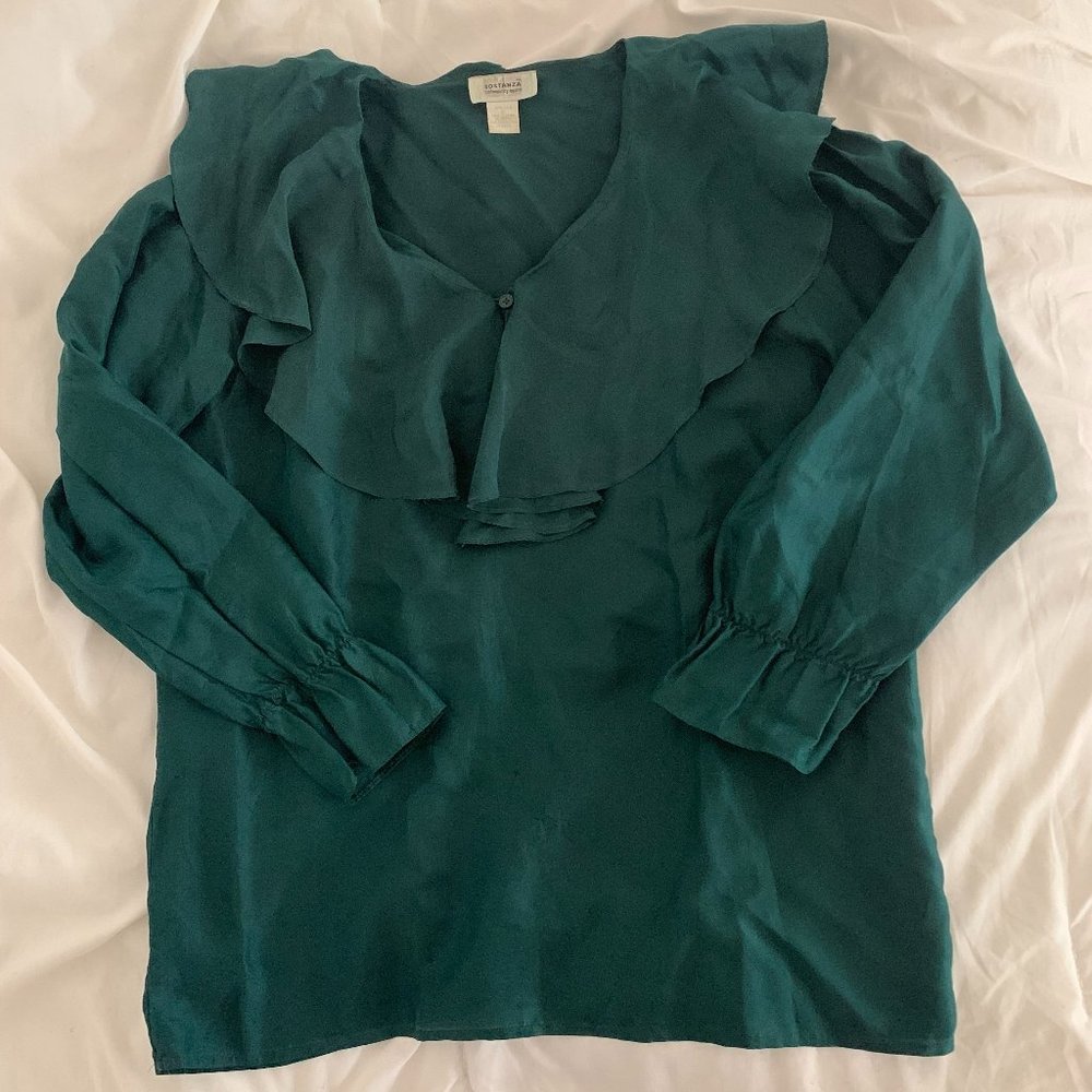 Vintage Dark Forest Green 100% Silk Ruffle Top